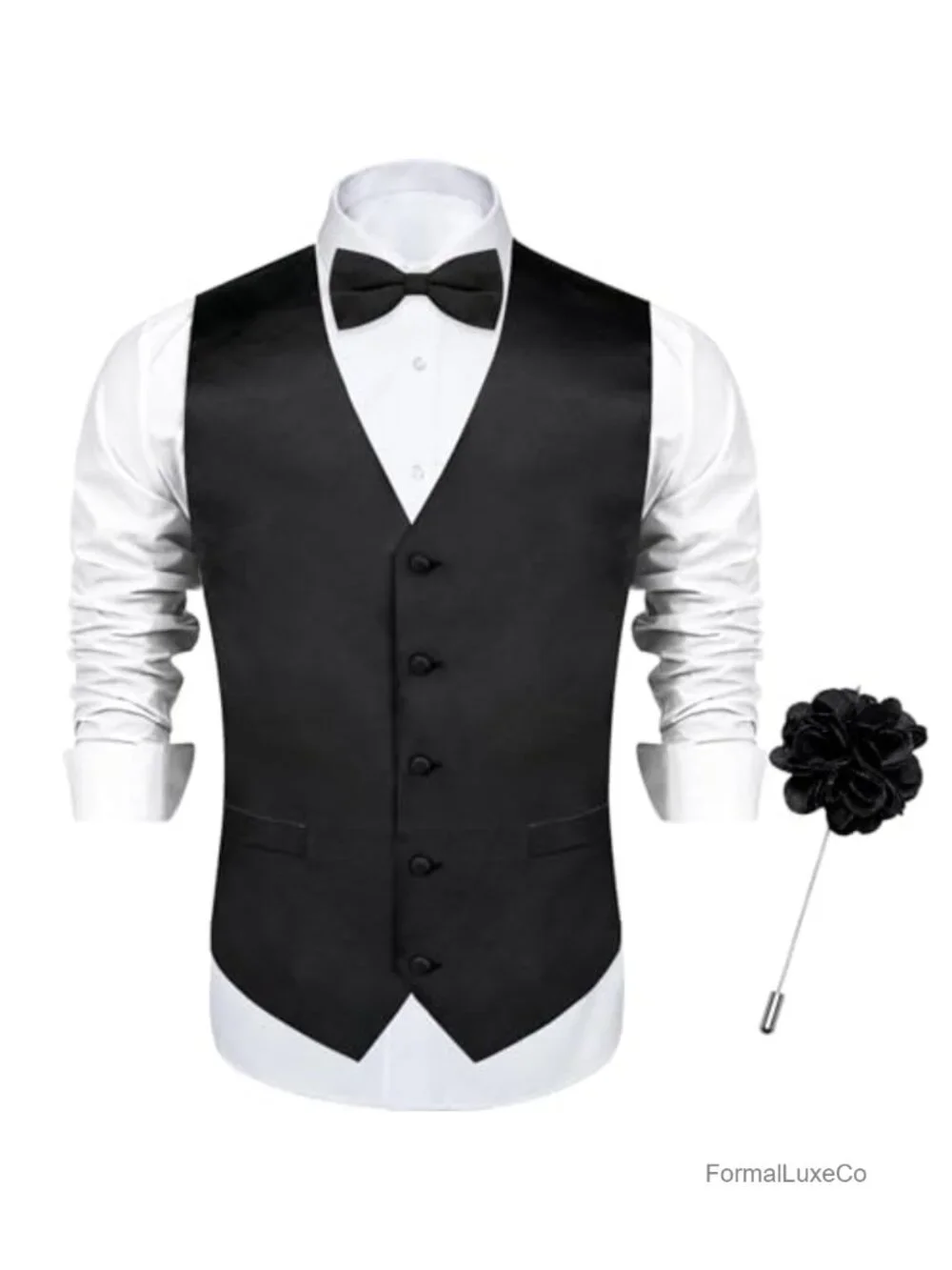Men's Satin Suit Vest Set with Bowtie & Lapel Pin - Silk Blend Formal
